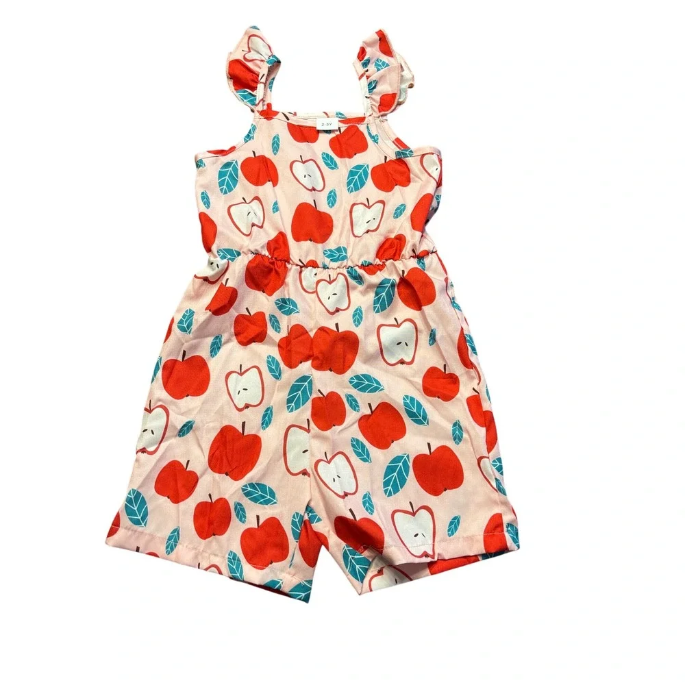 SHEIN Girls 2-3Y Outfit Bundle Floral Dress Apple Romper Kitten Bell Bottoms Set